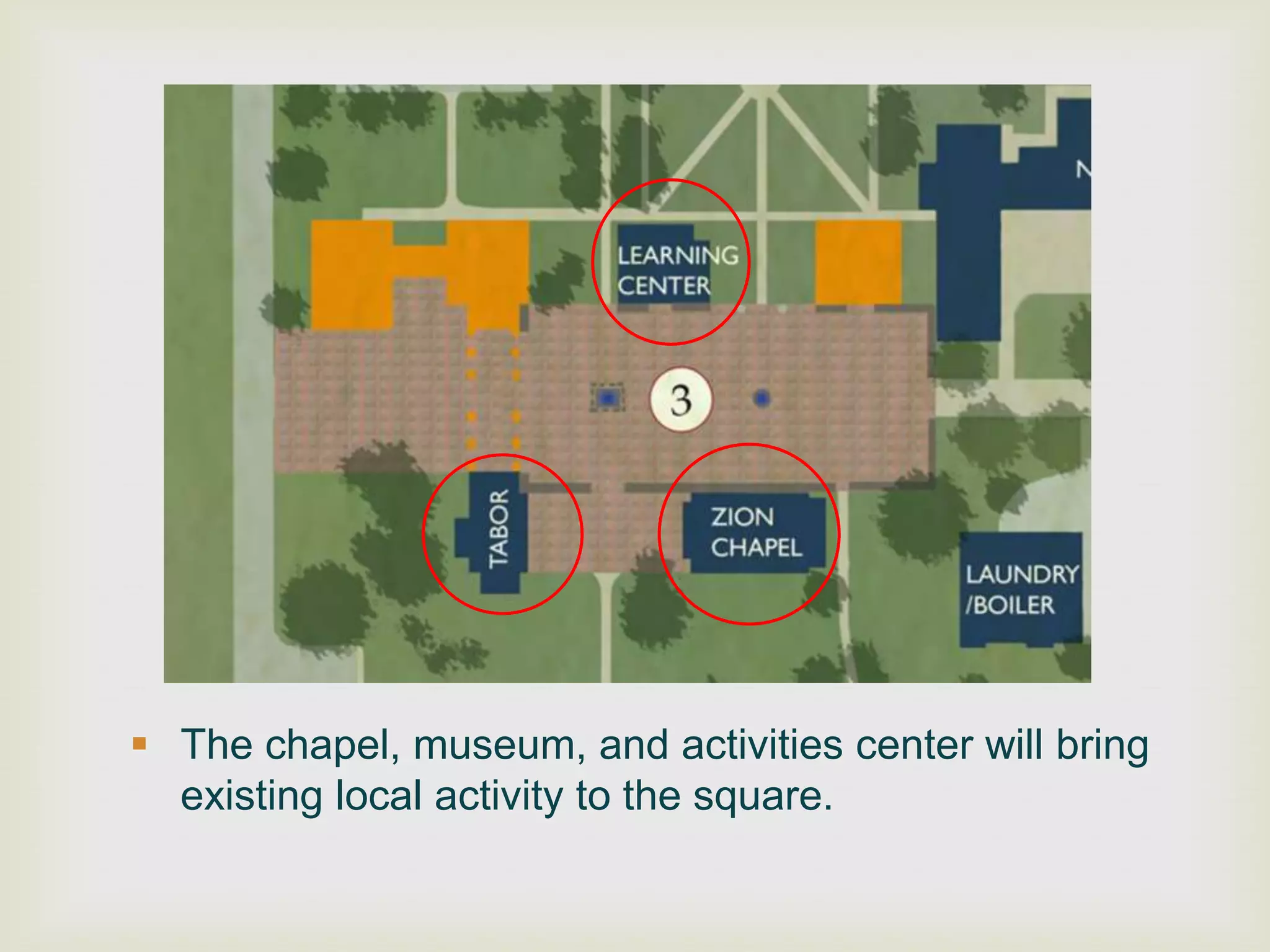  The chapel, museum, and activities center will bring
  existing local activity to the square.
 