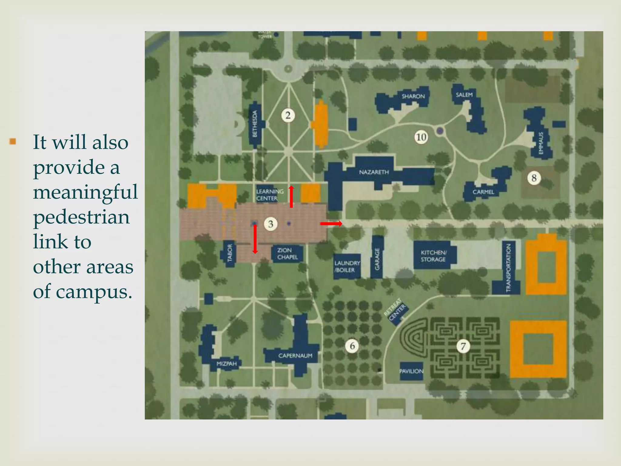  It will also
  provide a
  meaningful
  pedestrian
  link to
  other areas
  of campus.
 