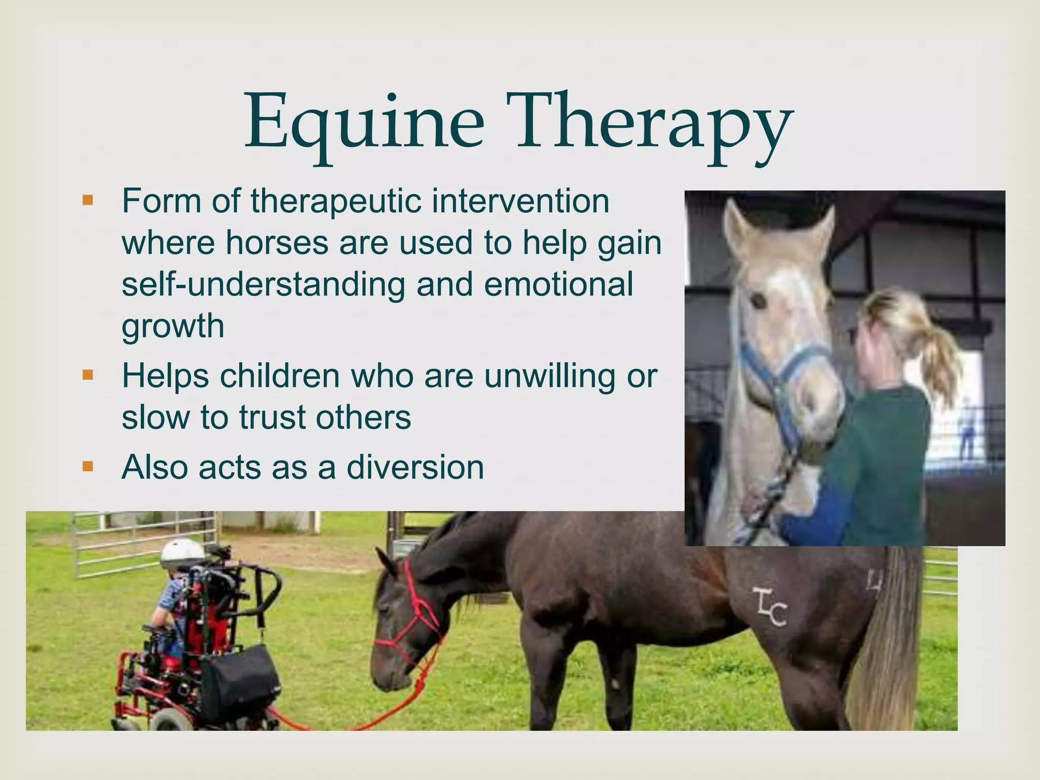 Equine Therapy
 Form of therapeutic intervention
  where horses are used to help gain
  self-understanding and emotional
  growth
 Helps children who are unwilling or
  slow to trust others
 Also acts as a diversion
 