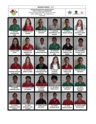 MOSAÍCO GRADO 7°-2
INSTITUCIÓN EDUCATIVA COLEGIO LOYOLA
PARA LA CIENCIA Y LA INNOVACIÓN
Creada por Resolución N° 00003 de Enero 5 de 2010.
DANE: 105001025984 NIT: 900339251-3
Núcleo 919
1. ÁLVAREZ
ROLDÁN JUAN
JOSÉ
2. ARENAS CRUZ
STEFANY
3. CANO MOLINA
SANTIAGO
4. CARDONA
SALDARRIAGA LUIS
MIGUEL
5.CORREA
GIRADO JERLEIN
6. CUARTAS
VALENCIA NADIA
ISABEL
7. DUQUE USME
LAURA
8. ECHEVERRY
RAMIREZ LUIS
MIGUEL
9. ESCOBAR
MUÑOZ SANTIAGO
10. ESTRADA
MORALES JUAN
JOSÉ
11. GUTIÉRREZ
CORRALES ANA
MARÍA
12. HERNÁNDEZ
PALACIO LUCAS
FELIPE
13.
HERRERA SÁNCHEZ
JUAN DAVID
14. HINCAPIÉ
MORA JULIANA
15. HUERFANO
CARDONA BRAYAN
ESTIVEN
16. MACIAS
VALENCIA
MANUELA
17.MONTAÑA
CAÑAS JUAN
FELIPE
18.MORA RIVERA
VERONICA
19. OSPINA
LONDOÑO DAVID
20. RAMÍREZ PÉREZ
LUIS DANIEL
21. RAMÍREZ
ZULUAGA
VALENTINA
22. RESTREPO
PARRA FELIPE
23. SERNA GIL
SANTIAGO
24. SOTO
VELÁSQUEZ
SAMUEL
25. SUÁREZ
RODRIGUEZ SARA
CRISTIN
26. TORO
RESTREPO JUAN
ESTEBAN
27. TORRES HENAO
SANTIAGO
28. VARÓN
MÚNERA KEVIN
29. VERA
GIRALDO DIEGO
30. ZAPATA USME
DUVER ARLEY