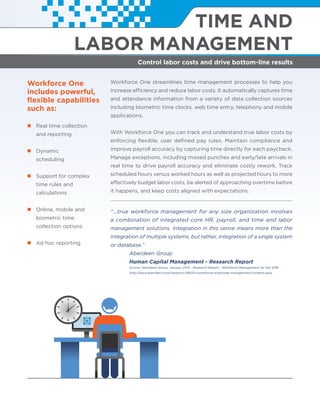 TIME AND
LABOR MANAGEMENT
Control labor costs and drive bottom-line results
Workforce One
includes powerful,
ﬂexible capabilities
such as:
Real time collection
and reporting
Dynamic
scheduling
Support for complex
time rules and
calculations
Online, mobile and
biometric time
collection options
Ad hoc reporting
Workforce One streamlines time management processes to help you
increase efficiency and reduce labor costs. It automatically captures time
and attendance information from a variety of data collection sources
including biometric time clocks, web time entry, telephony and mobile
applications.
With Workforce One you can track and understand true labor costs by
enforcing ﬂexible, user deﬁned pay rules. Maintain compliance and
improve payroll accuracy by capturing time directly for each paycheck.
Manage exceptions, including missed punches and early/late arrivals in
real time to drive payroll accuracy and eliminate costly rework. Track
scheduled hours versus worked hours as well as projected hours to more
effectively budget labor costs, be alerted of approaching overtime before
it happens, and keep costs aligned with expectations.
“...true workforce management for any size organization involves
a combination of integrated core HR, payroll, and time and labor
management solutions. Integration in this sense means more than the
integration of multiple systems, but rather, integration of a single system
or database.”
Aberdeen Group
Human Capital Management - Research Report
Source: Aberdeen Group, January 2015 - Research Report - Workforce Management for the SMB
http://www.aberdeen.com/research/8187/si-workforce-employee-management/content.aspx
 