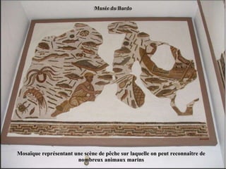 Mosaïque représentant une scène de pêche sur laquelle on peut reconnaître de nombreux animaux marins 