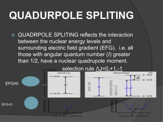 QUADURPOLE SPLITING
 QUADRPOLE SPLITING reflects the interaction
between the nuclear energy levels and
surrounding electric field gradient (EFG). i.e. all
those with angular quantum number (I) greater
than 1/2, have a nuclear quadrupole moment.
selection rule ɅJ=0,+1,-1
EFG≠0
EFG=O
 