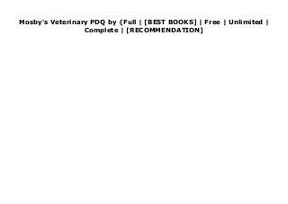 Mosby's Veterinary PDQ by {Full | [BEST BOOKS] | Free | Unlimited |
Complete | [RECOMMENDATION]
Mosby's Veterinary PDQ Ebook Free Exactly what you need for the clinical setting, this full-color, pocket-sized reference offers instant access to hundreds of veterinary medicine facts, formulas, lab values, and procedures. Key coverage of pharmacology, animal care, dentistry, nursing care, diagnostic imaging, urinalysis, blood tests, and more is divided into 10 easy-to-use sections - each tabbed and color-coded with a rapid-reference table of contents to help you find information fast.Written by respected veterinary technology educator Margi Sirois, RVT, MS, EdD, this collection of commonly used but rarely memorized clinical information, such as charts, graphs, formulas, conversions, and lab values offers quick access to the data you need to deliver safe and efficient veterinary care.Information is easy to find in 10 tabbed, color-coded sections: Pharmacology and Math, Animal Care, Procedures, Dentistry, Surgical/Anesthetic Nursing, Urinalysis, Hematology and Serology, Parasitology, Microbiology/Cytology, and Normal ValuesColor-coded tabs feature a table of contents with page references, making it easy to quickly locate key information within each section.Full-color format includes illustrations that highlight and clarify important concepts.Convenient pocket size lets you keep this reference with you and refer to it in any setting.Spiral binding allows you to lay the booklet flat for easy reference.
 