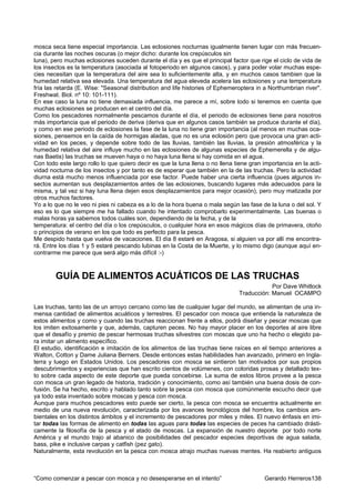 mosca seca tiene especial importancia. Las eclosiones nocturnas igualmente tienen lugar con más frecuen-
cia durante las noches oscuras (o mejor dicho: durante los crepúsculos sin
luna), pero muchas eclosiones suceden durante el día y es que el principal factor que rige el ciclo de vida de
los insectos es la temperatura (asociada al fotoperiodo en algunos casos), y para poder volar muchas espe-
cies necesitan que la temperatura del aire sea lo suficientemente alta, y en muchos casos tambien que la
humedad relativa sea elevada. Una temperatura del agua eleveda acelera las eclosiones y una temperatura
fría las retarda (E. Wise: "Seasonal distribution and life histories of Ephemeroptera in a Northumbrian river".
Freshwat. Biol. nº 10: 101-111).
En ese caso la luna no tiene demasiada influencia, me parece a mí, sobre todo si tenemos en cuenta que
muchas eclosiones se producen en el centro del día.
Como los pescadores normalmente pescamos durante el día, el periodo de eclosiones tiene para nosotros
más importancia que el periodo de deriva (deriva que en algunos casos también se produce durante el día),
y como en ese periodo de eclosiones la fase de la luna no tiene gran importancia (al menos en muchas oca-
siones, pensemos en la caída de hormigas aladas, que no es una eclosión pero que provoca una gran acti-
vidad en los peces, y depende sobre todo de las lluvias, también las lluvias, la presión atmosférica y la
humedad relativa del aire influye mucho en las eclosiones de algunas especies de Ephemerella y de algu-
nas Baetis) las truchas se mueven haya o no haya luna llena si hay comida en el agua.
Con todo este largo rollo lo que quiero decir es que la luna llena o no llena tiene gran importancia en la acti-
vidad nocturna de los insectos y por tanto es de esperar que también en la de las truchas. Pero la actividad
diurna está mucho menos influenciada por ese factor. Puede haber una cierta influencia (pues algunos in-
sectos aumentan sus desplazamientos antes de las eclosiones, buscando lugares más adecuados para la
misma, y tal vez si hay luna llena dejen esos desplazamientos para mejor ocasión), pero muy matizada por
otros muchos factores.
Yo a lo que no le veo ni pies ni cabeza es a lo de la hora buena o mala según las fase de la luna o del sol. Y
eso es lo que siempre me ha fallado cuando he intentado comprobarlo experimentalmente. Las buenas o
malas horas ya sabemos todos cuáles son, dependiendo de la fecha, y de la
temperatura: el centro del día o los crepúsculos, o cualquier hora en esos mágicos días de primavera, otoño
o principios de verano en los que todo es perfecto para la pesca.
Me despido hasta que vuelva de vacaciones. El día 8 estaré en Aragosa, si alguien va por allí me encontra-
rá. Entre los días 1 y 5 estaré pescando lubinas en la Costa de la Muerte, y lo mismo digo (aunque aquí en-
contrarme me parece que será algo más difícil :-)



        GUÍA DE ALIMENTOS ACUÁTICOS DE LAS TRUCHAS
                                                                                           Por Dave Whitlock
                                                                               Traducción: Manuel OCAMPO

Las truchas, tanto las de un arroyo cercano como las de cualquier lugar del mundo, se alimentan de una in-
mensa cantidad de alimentos acuáticos y terrestres. El pescador con mosca que entienda la naturaleza de
estos alimentos y como y cuando las truchas reaccionan frente a ellos, podrá diseñar y pescar moscas que
los imiten exitosamente y que, además, capturen peces. No hay mayor placer en los deportes al aire libre
que el desafío y premio de pescar hermosas truchas silvestres con moscas que uno ha hecho o elegido pa-
ra imitar un alimento específico.
El estudio, identificación e imitación de los alimentos de las truchas tiene raíces en el tiempo anteriores a
Walton, Cotton y Dame Juliana Berners. Desde entonces estas habilidades han avanzado, primero en Ingla-
terra y luego en Estados Unidos. Los pescadores con mosca se sintieron tan motivados por sus propios
descubrimientos y experiencias que han escrito cientos de volúmenes, con coloridas prosas y detallado tex-
to sobre cada aspecto de este deporte que pueda concebirse. La suma de estos libros provee a la pesca
con mosca un gran legado de historia, tradición y conocimiento, como así también una buena dosis de con-
fusión. Se ha hecho, escrito y hablado tanto sobre la pesca con mosca que comúnmente escucho decir que
ya todo esta inventado sobre moscas y pesca con mosca.
Aunque para muchos pescadores esto puede ser cierto, la pesca con mosca se encuentra actualmente en
medio de una nueva revolución, caracterizada por los avances tecnológicos del hombre, los cambios am-
bientales en los distintos ámbitos y el incremento de pescadores por miles y miles. El nuevo énfasis en imi-
tar todas las formas de alimento en todas las aguas para todas las especies de peces ha cambiado drásti-
camente la filosofía de la pesca y el atado de moscas. La expansión de nuestro deporte por todo norte
América y el mundo trajo al abanico de posibilidades del pescador especies deportivas de agua salada,
bass, pike e inclusive carpas y catfish (pez gato).
Naturalmente, esta revolución en la pesca con mosca atrajo muchas nuevas mentes. Ha reabierto antiguos



“Como comenzar a pescar con mosca y no desesperarse en el intento”                       Gerardo Herreros138
 