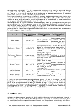 de temperaturas mas bajas (7,2°C a 10°C) Las arco iris, cutthroat y golden trout (trucha dorada) eligen el
rango intermedio entre 10°C y 15,5°C. Las marrones y arco iris de criadero prefieren el rango más alto
(12,8°C a 20°C). La mayoría de las truchas tienen la capacidad de adaptarse a los cambios en dos o tres
generaciones corriendo -15°C o -12°C estos rangos metabólicos.
Otras criaturas de sangre fría, incluyendo los alimentos naturales que las truchas comen, reaccionan a estos
rangos de temperatura de manera similar en aguas trucheras. Por lo tanto, la temperatura del agua no solo
afecta a los peces sino que también la actividad y disponibilidad de sus alimentos. La temperatura estacio-
nal del agua es la base de las propiedades físicas de un río.
Durante todo el año, las truchas buscaran la temperatura ideal o, si esta no existiera, se ubicarán en la zona
donde mejor convivan con la temperatura existente. Esto significa que, dentro de la estructura de un río o
lago, podemos predecir la ubicación que tendrán si conocemos la temperatura general del agua, sus varia-
ciones en zonas específicas e inclusive la temperatura ambiente.
El que sigue es un cuadro general que indica donde se ubicaran las truchas de acuerdo a la temperatura de
las estaciones y como responden a ellas.


                           Rango de temperatu-      Ubicación de las tru-     Actividad de alimen-
        Periodo
                               ra del agua                 chas                      tación

                                                                      Muy limitada en cuanto
                                                   En los pozones más a cantidad y duración.
      Julio - Agosto           0,5ºC a 3,3ºC
                                                   profundos y lentos Picos más altos a pri-
                                                                      mera hora de la tarde

                                                   En las partes mas altas A medio día. Básica-
                                                   y bajas de los pozones mente respondiendo a
Septiembre - Octubre (*)       3,3ºC a 7,2ºC
                                                   o bien abajo en las co- la actividad de los ali-
                                                   rrederas                mentos
                                                   En las partes bajas de
                                                   los pozones, partes al-
 Noviembre - Diciembre                                                        Actividad de alimenta-
                               7,2ºC a 12,8ºC      tas de las correderas, y
          (*)                                                                 ción durante todo el día
                                                   en los flats y riffles más
                                                   profundos
                                                   Riffles, colas de pozo-
                                                   nes, en la división entre
                                                                              Máxima actividad en
                                                   pozones y correderas.
    Enero - Febrero            12,8ºC a 21ºC                                  horas de poca luz y por
                                                   Por la noche en colas,
                                                                              la noche
                                                   flats, arriba en las co-
                                                   rrederas y riffles.
                                                   En todas las áreas del Por la mañana y por la
    Marzo - Abril (*)          10ºC a 15,5ºC
                                                   río.                       tarde

                                                   Correderas profundas y Al medio día y tarde/
    Mayo - Junio (*)           3,3ºC a 7,2ºC
                                                   cabeceras de pozones. noche

(*)Estos son periodos de desove para peces silvestres adultos. Las Arco Iris, Cutthroats y las Gol-
den generalmente desovan en primavera. Algunas Arco Iris de criadero desovan en otoño. Las ma-
rrones, brook (fontinalis) y truchas de lago (char) desovan en otoño. En cada caso, los peces adul-
tos ocuparán dos o tres semanas para trasladarse río arriba y las actividades de desove corres-
pondientes antes de volver a su actividad normal y a alimentarse. Durante el desove, existe alguna
actividad de alimentación que se desarrolla en los sitios de desove.




El color del agua
El color y la claridad del agua tanto en ríos como en lagos pueden ser determinantes para la existencia y
abundancia de los alimentos de las truchas. El color del agua proviene de los componentes químicos disuel-
tos (orgánicos e inorgánicos), partículas suspendidas y el color del cielo y del fondo del río o lago. Común-



“Como comenzar a pescar con mosca y no desesperarse en el intento”                       Gerardo Herreros147
 