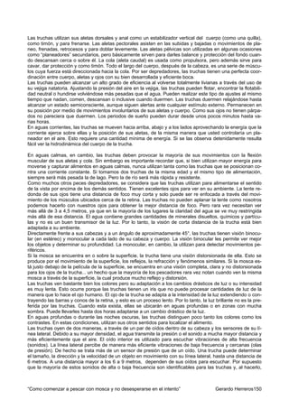 Las truchas utilizan sus aletas dorsales y anal como un estabilizador vertical del cuerpo (como una quilla),
como timón, y para frenarse. Las aletas pectorales asisten en las subidas y bajadas o movimientos de pla-
neo, frenadas, retrocesos y para doblar levemente. Las aletas pélvicas son utilizadas en algunas ocasiones
como “planeadores” secundarios, pero básicamente sirven para darles balance y protección del fondo cuan-
do descansan cerca o sobre él. La cola (aleta caudal) es usada como propulsora, pero además sirve para
cavar, dar protección y como timón. Todo el largo del cuerpo, después de la cabeza, es una serie de múscu-
los cuya fuerza está direccionada hacia la cola. Por ser depredadores, las truchas tienen una perfecta coor-
dinación entre cuerpo, aletas y ojos con su bien desarrollada y eficiente boca.
Las truchas pueden alcanzar un alto grado de eficiencia al volverse totalmente livianas a través del uso de
su vejiga natatoria. Ajustando la presión del aire en la vejiga, las truchas pueden flotar, encontrar la flotabili-
dad neutral o hundirse volviéndose más pesadas que el agua. Pueden realizar este tipo de ajustes al mismo
tiempo que nadan, comen, descansan o inclusive cuando duermen. Las truchas duermen relajándose hasta
alcanzar un estado semiconsciente, aunque siguen alertas ante cualquier estímulo externo. Permanecen en
su posición por medio de movimientos involuntarios de sus aletas y cuerpo. Como sus ojos no tienen párpa-
dos no pareciera que duermen. Los periodos de sueño pueden durar desde unos pocos minutos hasta va-
rias horas.
En aguas corrientes, las truchas se mueven hacia arriba, abajo y a los lados aprovechando la energía que la
corriente ejerce sobre ellas y la posición de sus aletas, de la misma manera que usted controlaría un pla-
neador en el aire. Esto requiere una cantidad mínima de energía. Si se las observa detenidamente resulta
fácil ver la hidrodinámica del cuerpo de la trucha.

En aguas calmas, en cambio, las truchas deben provocar la mayoría de sus movimientos con la flexión
muscular de sus aletas y cola. Sin embargo es importante recordar que, si bien utilizan mayor energía para
moverse y capturar alimentos en aguas calmas, nunca utilizan tanta como las truchas que se posicionan co-
ntra una corriente constante. Si tomamos dos truchas de la misma edad y el mismo tipo de alimentación,
siempre será más pesada la de lago. Pero la de río será más rápida y resistente.
Como muchos otros peces depredadores, se considera que las truchas utilizan para alimentarse el sentido
de la vista por encima de los demás sentidos. Tienen excelentes ojos para ver en su ambiente. La lente re-
donda de sus ojos tiene una distancia de foco muy corta y solo puede ser re enfocada a través del movi-
miento de los músculos ubicados cerca de la retina. Las truchas no pueden aplanar la lente como nosotros
podemos hacerlo con nuestros ojos para obtener la mejor distancia de foco. Pero rara vez necesitan ver
más allá de 3 a 4,5 metros, ya que en la mayoría de los lugares la claridad del agua se ve muy restringida
más allá de esa distancia. El agua contiene grandes cantidades de minerales disueltos, químicos y partícu-
las y no es un buen transmisor de la luz. Por lo tanto, la visión de corta distancia de la trucha está bien
adaptada a su ambiente.
Directamente frente a sus cabezas y a un ángulo de aproximadamente 45°, las truchas tienen visión binocu-
lar (en estéreo) y monocular a cada lado de su cabeza y cuerpo. La visión binocular les permite ver mejor
los objetos y determinar su profundidad. La monocular, en cambio, la utilizan para detectar movimientos pe-
riféricos.
Si la mosca se encuentra en o sobre la superficie, la trucha tiene una visión distorsionada de ella. Esto se
produce por el movimiento de la superficie, los reflejos, la refracción y fenómenos similares. Si la mosca es-
tá justo debajo de la película de la superficie, se encuentra en una visión completa, clara y no distorsionada
para los ojos de la trucha... un hecho que la mayoría de los pescadores rara vez notan cuando ven la misma
mosca a través de la superficie, la cual produce mucho reflejo y distorsión.
Las truchas ven bastante bien los colores pero su adaptación a los cambios drásticos de luz o su intensidad
es muy lenta. Esto ocurre porque las truchas tienen un iris que no puede procesar cantidades de luz de la
manera que lo hace el ojo humano. El ojo de la trucha se adapta a la intensidad de la luz extendiendo o con-
trayendo las barras y conos de la retina, y esto es un proceso lento. Por lo tanto, la luz brillante no es la pre-
ferida por las truchas. Cuando esta exista, ellas se ubicarán en aguas profundas o en zonas con mucha
sombra. Puede llevarles hasta dos horas adaptarse a un cambio drástico de la luz.
En aguas profundas o durante las noches oscuras, las truchas distinguen poco tanto los colores como los
contrastes. En estas condiciones, utilizan sus otros sentidos para localizar el alimento.
Las truchas oyen de dos maneras, a través de un par de oídos dentro de su cabeza y los sensores de su lí-
nea lateral. Debido a su mayor densidad, el agua transmite la presión o el sonido a mucha mayor distancia y
más eficientemente que el aire. El oído interior es utilizado para escuchar vibraciones de alta frecuencia
(sonidos). La línea lateral percibe de manera más eficiente vibraciones de baja frecuencia y cercanas (olas
de presión). De hecho se trata más de un sensor de presión que de un oído. Una trucha puede determinar
el tamaño, la dirección y la velocidad de un objeto en movimiento con su línea lateral, hasta una distancia de
6 metros. A una distancia mayor a los 6 a 9 metros, dependen de sus oídos para escuchar. Por supuesto
que la mayoría de estos sonidos de alta o baja frecuencia son identificables para las truchas y, al hacerlo,



“Como comenzar a pescar con mosca y no desesperarse en el intento”                          Gerardo Herreros150
 