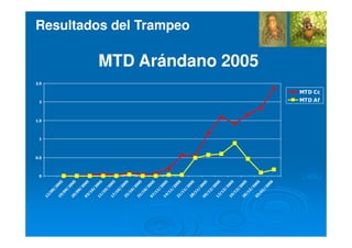 0
0.5
1
1.5
2
2.5
12/09/200519/09/200526/09/200503/10/200511/10/200517/10/200525/10/200531/10/200507/11/200514/11/200521/11/200528/11/200505/12/200512/12/200519/12/200526/12/200503/01/2006
MTD Cc
MTD Af
MTD Arándano 2005MTD Arándano 2005
Resultados del TrampeoResultados del Trampeo
 