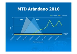 O’Neal Misty
Umbral de
daño0
1
2
MTD
Fecha de recuento
C. capitata A. fraterculus
MTD Arándano 2010MTD Arándano 2010
 