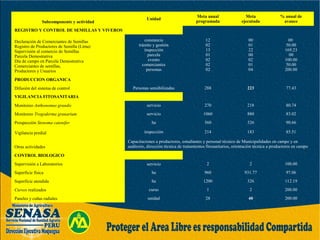 Subcomponente y actividad
Unidad
Meta anual
programada
Meta
ejecutada
% anual de
avance
REGISTRO Y CONTROL DE SEMILLAS Y VIVEROS
Declaración de Comerciantes de Semillas
Registro de Productores de Semilla (Lima)
Supervisión al comercio de Semillas
Parcela Demostrativa
Día de campo en Parcela Demostrativa
Comerciantes de semillas,
Productores y Usuarios
constancia
trámite y gestión
inspección
parcela
evento
comerciantes
personas
12
02
13
01
02
02
02
00
01
22
00
02
01
04
00
50.00
169.23
00
100.00
50.00
200.00
PRODUCCION ORGANICA
Difusión del sistema de control Personas sensibilizadas 288 223 77.43
VIGILANCIA FITOSANITARIA
Monitoreo Anthonomus grandis servicio 270 218 80.74
Monitoreo Trogoderma granarium servicio 1060 880 83.02
Prospección Stenoma catenifer ha 360 326 90.66
Vigilancia predial inspección 214 183 85.51
Otras actividades
Capacitaciones a productores, estudiantes y personal técnico de Municipalidades en campo y en
auditorio, dirección técnica de tratamientos fitosanitarios, orientación técnica a productores en campo
CONTROL BIOLOGICO
Supervisión a Laboratorios servicio 2 2 100.00
Superficie física ha 960 931.77 97.06
Superficie atendida ha 1200 326 112.19
Cursos realizados curso 1 2 200.00
Paneles y cuñas radiales unidad 28 40 200.00
 