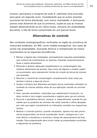 23 
Surtos da mosca-dos-estábulos, Stomoxys calcitrans, em Mato Grosso do Sul: 
novo problema para as cadeias produtivas da carne e sucroalcooleira? 
entanto, permanece a incógnita de onde S. calcitrans teria procriado para gerar um segundo surto. Considerando que os surtos recentes ocorreram de forma distribuída, com menor intensidade, e alcançaram pontos mais distantes do que os primeiros, supõe-se que as moscas estejam desenvolvendo-se em vários locais, inclusive em propriedades pecuárias, e não de forma concentrada em uns poucos locais. 
Alternativas de controle 
Nas condições ecobiogeográficas verificadas na região de ocorrência da mosca-dos-estábulos, em MS, como medida emergencial, nos casos de surtos nas propriedades, buscando diminuir a multiplicação da mosca recomendam-se as seguintes providências: 
Manter a higiene das instalações, principalmente naquelas propriedades • com sistema de confinamento ou leiterias; limpando sistematicamente fezes e restos alimentares. 
Remoção e destino adequado (espalhamento ou compostagem) dos • resíduos alimentares de animais, bem como de dejetos e matéria orgânica acumulados, pois representam fontes de criação de larvas de moscas nas fazendas. 
Revolver o material de compostagem completamente duas vezes por • semana e drenar a água da chuva. 
Avaliar a eficácia dos diferentes princípios ativos inseticidas utilizados no • combate às moscas adultas antes de sua aplicação visando ao controle destas. 
Usar, quando necessário, inseticidas que sabidamente funcionam, na • dose correta e com origem reconhecida e registro para uso em animais. 
Procurar a assistência técnica, sempre, e, especialmente, quando for per• cebido que os produtos de controle não estão fazendo o efeito desejado por mais que sigam corretamente as indicações contidas nos respectivos rótulos. 
Realizar o controle químico, quando necessário, apenas nos dias previa• mente programados, de forma coordenada. Assim, assegura-se o controle efetivo e duradouro e aumenta o tempo de repovoamento da área tratada. Essa programação deve incluir todas as propriedades envolvidas e adjacentes ao problema.  