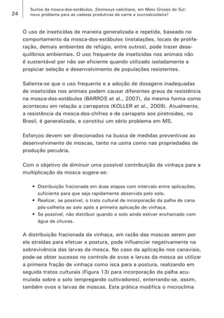 24 
Surtos da mosca-dos-estábulos, Stomoxys calcitrans, em Mato Grosso do Sul: 
novo problema para as cadeias produtivas da carne e sucroalcooleira? 
O uso de inseticidas de maneira generalizada e repetida, baseado no comportamento da mosca-dos-estábulos (instalações, locais de proliferação, demais ambientes de refúgio, entre outros), pode trazer desequilíbrios ambientais. O uso frequente de inseticidas nos animais não é sustentável por não ser eficiente quando utilizado isoladamente e propiciar seleção e desenvolvimento de populações resistentes. 
Salienta-se que o uso frequente e a adoção de dosagens inadequadas de inseticidas nos animais podem causar diferentes graus de resistência na mosca-dos-estábulos (BARROS et al., 2007), da mesma forma como aconteceu em relação a carrapatos (KOLLER et al., 2009). Atualmente, a resistência da mosca-dos-chifres e de carrapato aos piretroides, no Brasil, é generalizada, e constitui um sério problema em MS. 
Esforços devem ser direcionados na busca de medidas preventivas ao desenvolvimento de moscas, tanto na usina como nas propriedades de produção pecuária. 
Com o objetivo de diminuir uma possível contribuição da vinhaça para a multiplicação da mosca sugere-se: 
Distribuição fracionada em duas etapas com intervalo entre aplicações, • suficiente para que seja rapidamente absorvida pelo solo. 
Realizar, se possível, o trato cultural de incorporação da palha de cana • pós-colheita ao solo após a primeira aplicação de vinhaça. 
Se possível, não distribuir quando o solo ainda estiver encharcado com • água de chuvas. 
A distribuição fracionada da vinhaça, em razão das moscas serem por ela atraídas para efetuar a postura, pode influenciar negativamente na sobrevivência das larvas da mosca. No caso da aplicação nos canaviais, pode-se obter sucesso no controle de ovos e larvas da mosca ao utilizar a primeira fração de vinhaça como isca para a postura, realizando em seguida tratos culturais (Figura 13) para incorporação da palha acumulada sobre o solo (empregando cultivadores), enterrando-se, assim, também ovos e larvas de moscas. Esta prática modifica o microclima  