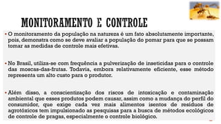  O monitoramento da população na natureza é um fato absolutamente importante,
pois, demonstra como se deve avaliar a população do pomar para que se possam
tomar as medidas de controle mais efetivas.
 No Brasil, utiliza-se com frequência a pulverização de inseticidas para o controle
das moscas-das-frutas. Todavia, embora relativamente eficiente, esse método
representa um alto custo para o produtor.
 Além disso, a conscientização dos riscos de intoxicação e contaminação
ambiental que esses produtos podem causar, assim como a mudança do perfil do
consumidor, que exige cada vez mais alimentos isentos de resíduos de
agrotóxicos tem impulsionado as pesquisas para a busca de métodos ecológicos
de controle de pragas, especialmente o controle biológico.
 