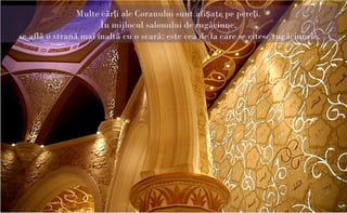 Multe cãrţi ale Coranului sunt afişate pe pereţi.
                      În mijlocul salonului de rugãciune,
se aflã o stranã mai înaltã cu o scarã: este cea de la care se citesc rugãciunele.
 