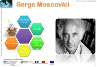 Os melhores RUMOS para os Cidadãos da Região
UNIÃO EUROPEIA
Fundo Social Europeu
REPÚBLICA PORTUGUESAREGIÃO AUTÓNOMA DA MADEIRA
ÁREAS DE EDUCAÇÃO E FORMAÇÃO
- 342 - Marketing e publicidade
- 344 - Contabilidade e fiscalidade
- 345 - Gestão e administração
- 811 - Hotelaria e restauração
- 812 - Turismo e lazer
- 146 - Formação de professores e formadores
de áreas tecnológicas
Projecto co-financiado pelo Fundo Social Europeu
4
Inovação
Influência
social -
conformis
moVisão
conformista
Experiências
Psicólogo
social
 