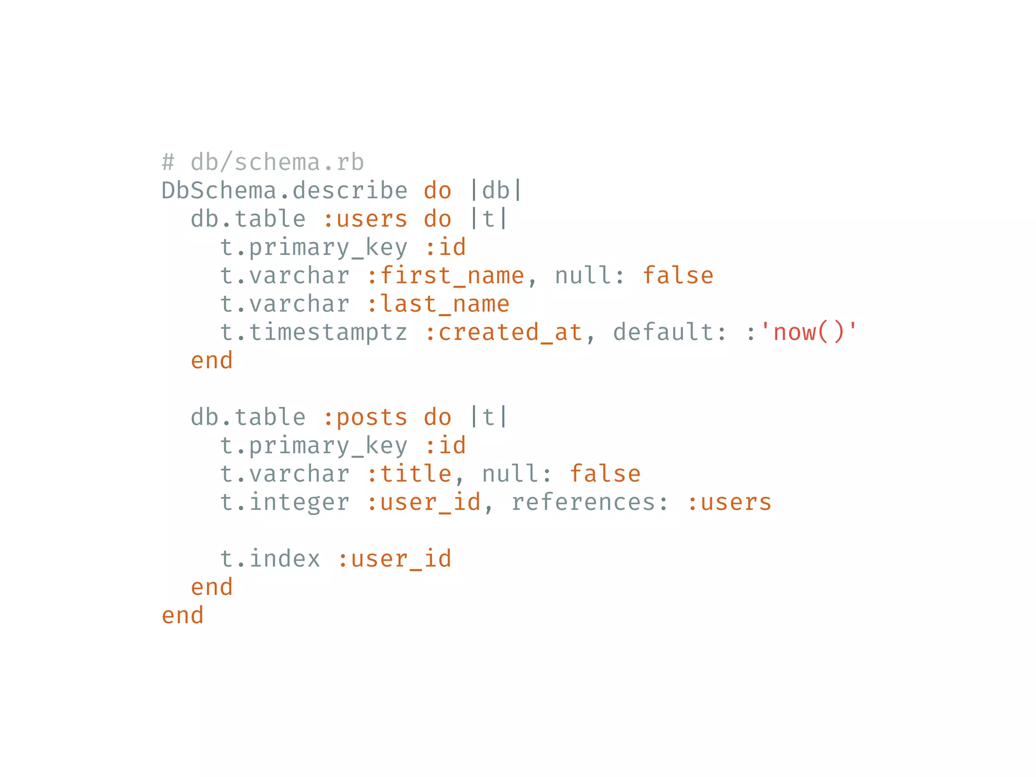 # db/schema.rb DbSchema.describe do |db| db.table :users do |t| t.primary_key :id t.varchar :first_name, null: false t.varchar :last_name t.timestamptz :created_at, default: :'now()' end db.table :posts do |t| t.primary_key :id t.varchar :title, null: false t.integer :user_id, references: :users t.index :user_id end end 