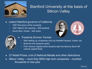 Stanford University at the basis of
Silicon Valley


Leland Stanford governor of California




1887 first stone of the university
1891 (March 22) opening – 559 students
David Starr Jordan – first rector


Frederick Emmon Terman








Start setting up companies such as Hewlett Packard, Varian, etc.
Build the first research parks
First Venture Capital which became later the famous Sand Hill
venture capital Road

27 Nobel Prizes, a lot of National Medals and other distinctions
Silicon Valley – more than 8000 high tech companies – hundred
thousands of new jobs
M.Hinoul

 