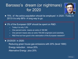 Barosso’s dream (or nightmare)
for 2020
 75% of the active population should be employed in 2020 –Today in

2013 it is only 66%- A long way to go.
 3% of the European GDP should be spent on R&D .


Today it is only 1,9%



One percent extra means an extra of 180 Bi€



One percent means also an extra 700.000 engineers and scientists.



R&D fine but how good is the valorization of the European research?

 20/20/20 in 2020:

Reducing green house gas emissions with 20% (level 1990)
Energy reduction minus 20%
Alternative Energy plus 20%
M.Hinoul

 