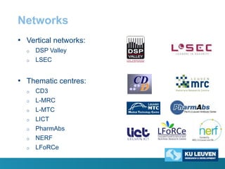 Networks
• Vertical networks:
o
o

DSP Valley
LSEC

• Thematic centres:
o
o

o
o
o
o
o

CD3
L-MRC
L-MTC
LICT
PharmAbs
NERF
LFoRCe

 