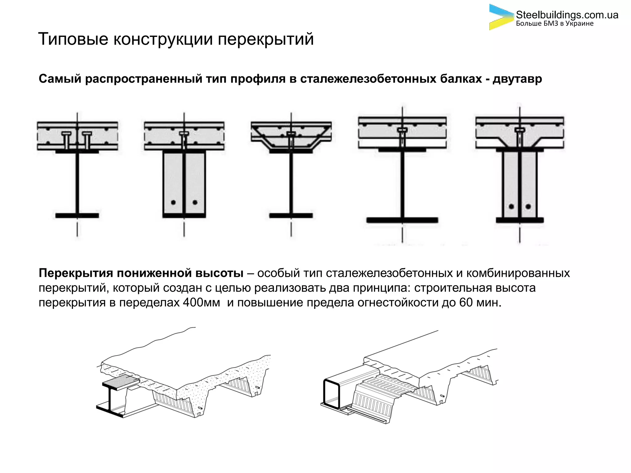Типовые конструкции перекрытий
Самый распространенный тип профиля в сталежелезобетонных балках - двутавр
Перекрытия пониженной высоты – особый тип сталежелезобетонных и комбинированных
перекрытий, который создан с целью реализовать два принципа: строительная высота
перекрытия в переделах 400мм и повышение предела огнестойкости до 60 мин.
Steelbuildings.com.ua
Больше БМЗ в Украине
 