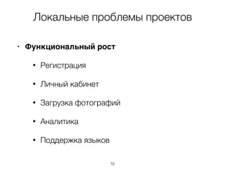 Локальные проблемы проектов
• Функциональный рост
• Регистрация
• Личный кабинет
• Загрузка фотографий
• Аналитика
• Поддержка языков
10
 