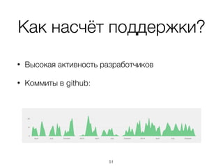 Как насчёт поддержки?
• Высокая активность разработчиков
• Коммиты в github:
51
 