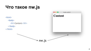 Что такое nw.js
<html>
<body>
<h1>Content</h1>
</body>
</html>
nw.js
4
 