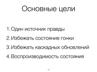 Основные цели
1.Один источник правды
2.Избежать состояние гонки
3.Избежать каскадных обновлений
4.Воспроизводимость состояния
14
 