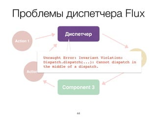 Проблемы диспетчера Flux
Store 2
Диспетчер
Action 1
Component 3
Action 1
Uncaught Error: Invariant Violation:
Dispatch.dispatch(...): Cannot dispatch in
the middle of a dispatch.
44
 
