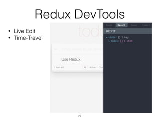 Redux DevTools
• Live Edit
• Time-Travel
72
 