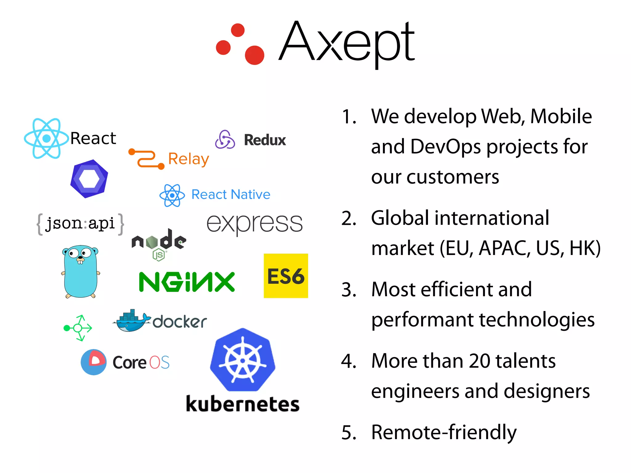 1. We develop Web, Mobile
and DevOps projects for
our customers
2. Global international
market (EU, APAC, US, HK)
3. Most efficient and
performant technologies
4. More than 20 talents
engineers and designers
5. Remote-friendly
 