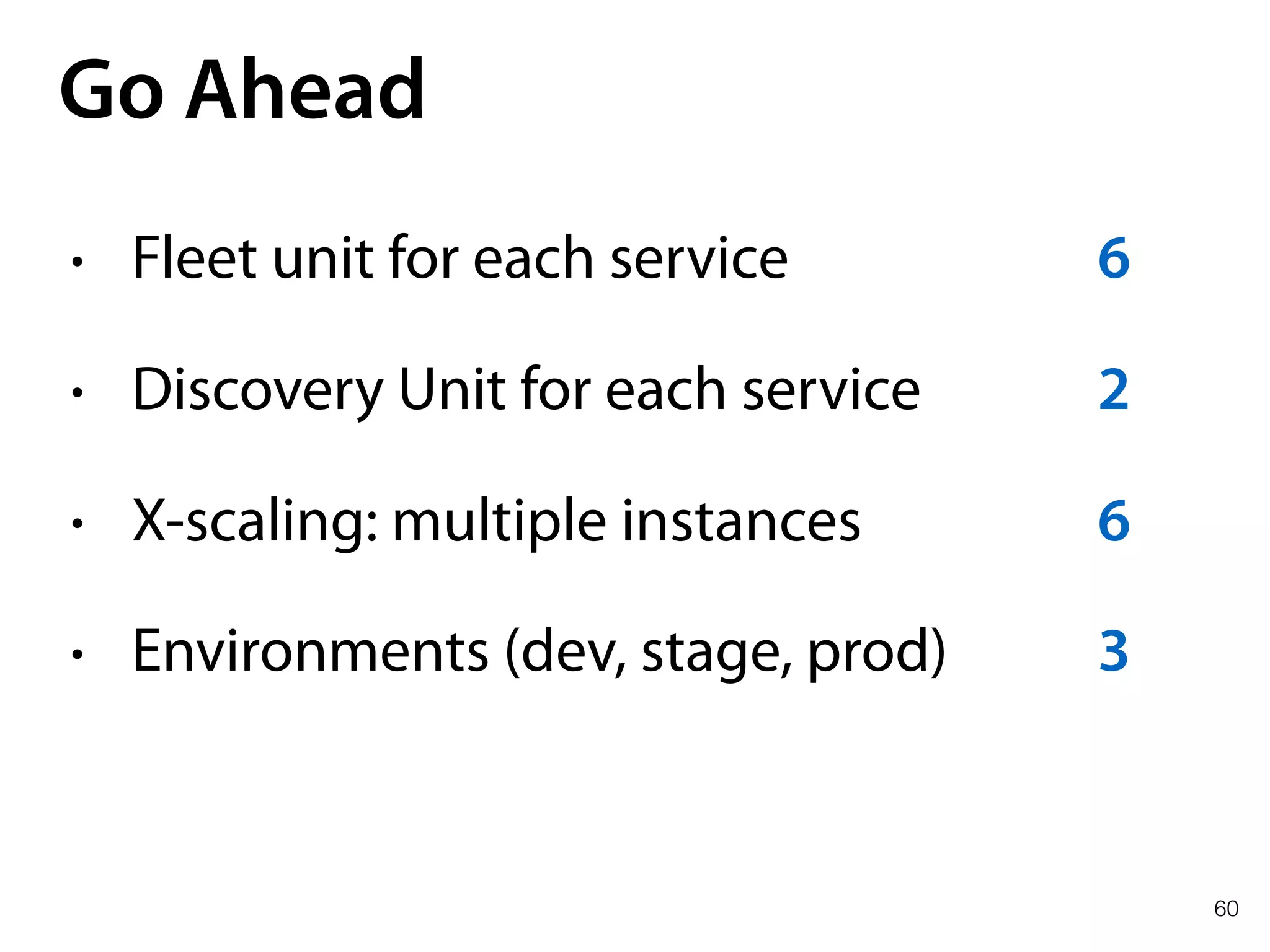 60
Go Ahead
• Fleet unit for each service
• Discovery Unit for each service
• X-scaling: multiple instances
• Environments (dev, stage, prod)
6
2
6
3
 