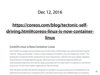 45
Dec 12, 2016
https://coreos.com/blog/tectonic-self-
driving.html#coreos-linux-is-now-container-
linux
 