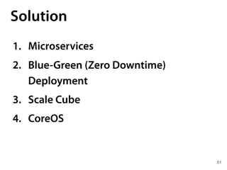 51
Solution
1. Microservices
2. Blue-Green (Zero Downtime)
Deployment
3. Scale Cube
4. CoreOS
 