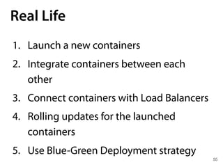 55
Real Life
1. Launch a new containers
2. Integrate containers between each
other
3. Connect containers with Load Balancers
4. Rolling updates for the launched
containers
5. Use Blue-Green Deployment strategy
 