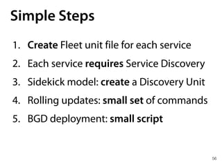 56
Simple Steps
1. Create Fleet unit file for each service
2. Each service requires Service Discovery
3. Sidekick model: create a Discovery Unit
4. Rolling updates: small set of commands
5. BGD deployment: small script
 