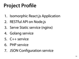 58
Project Profile
1. Isomorphic React.js Application
2. RESTful API on Node.js
3. Serve Static service (nginx)
4. Golang service
5. C++ service
6. PHP service
7. JSON Configuration service
 