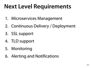 68
Next Level Requirements
1. Microservices Management
2. Continuous Delivery / Deployment
3. SSL support
4. TLD support
5. Monitoring
6. Alerting and Notifications
 