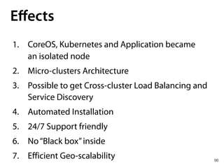 98
Eﬀects
1. CoreOS, Kubernetes and Application became 
an isolated node
2. Micro-clusters Architecture
3. Possible to get Cross-cluster Load Balancing and
Service Discovery
4. Automated Installation
5. 24/7 Support friendly
6. No“Black box”inside
7. Efficient Geo-scalability
 