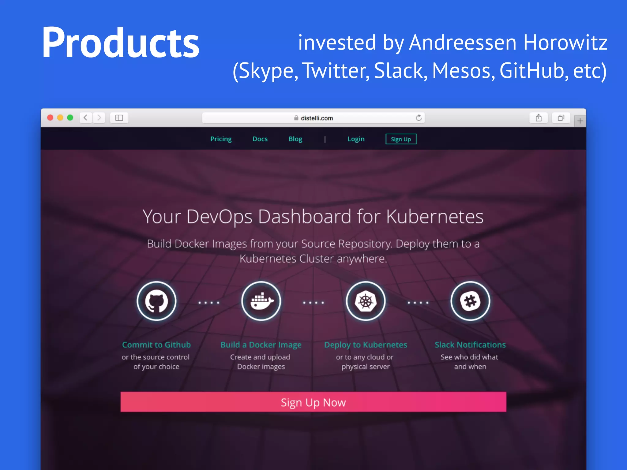 Products invested by Andreessen Horowitz
(Skype, Twitter, Slack, Mesos, GitHub, etc)