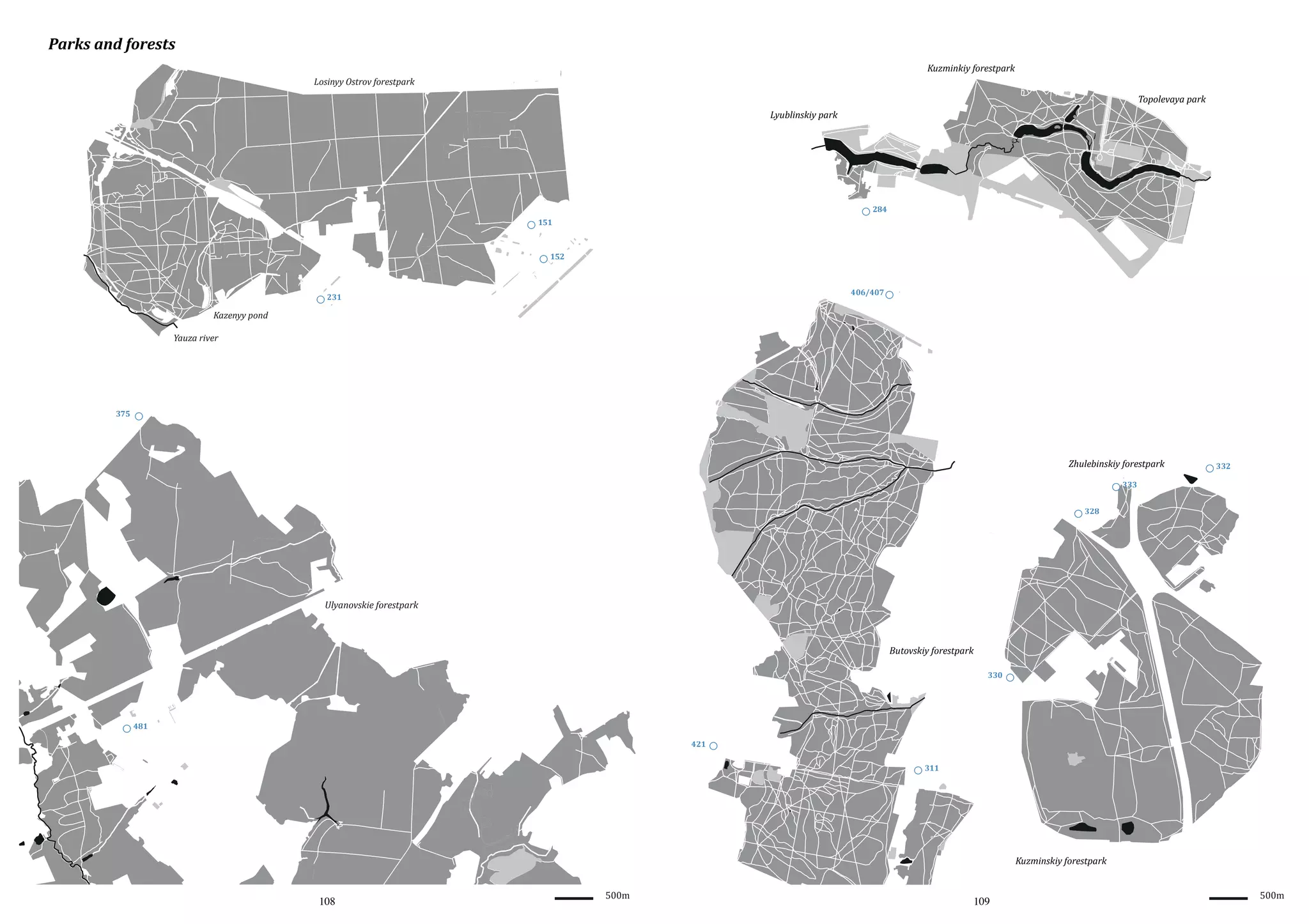 Parks and forests
Kuzminkiy forestpark
Losinyy Ostrov forestpark

Topolevaya park
Lyublinskiy park

284
151

152

406/407

231

Kazenyy pond
Yauza river

375

Zhulebinskiy forestpark

332

333
328

Ulyanovskie forestpark

Butovskiy forestpark
330

481
421
311

Kuzminskiy forestpark

108

500m

109

500m

 