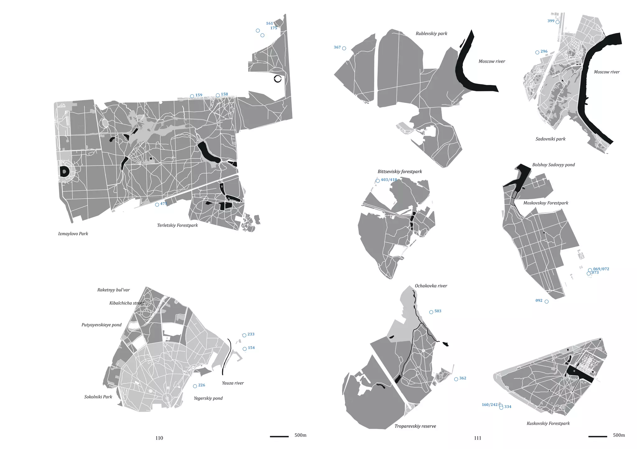 399

161
175

Rublevskiy park
367

296

Moscow river
Moscow river

159

158

Sadovniki park

Bolshoy Sadovyy pond

Bittseviskiy forestpark
403/418

Moskovskoy Forestpark

475

Terletskiy Forestpark
Izmaylovo Park

069/072
073

Ochakovka river

Raketnyy bul'var

092

Kibalchicha street
503

Putyayevskieye pond
233
154

226

Sokolniki Park

362

Yauza river

Yegerskiy pond
160/242

110

500m

334

Kuskovskiy Forestpark

Troparevskiy reserve

111

500m

 