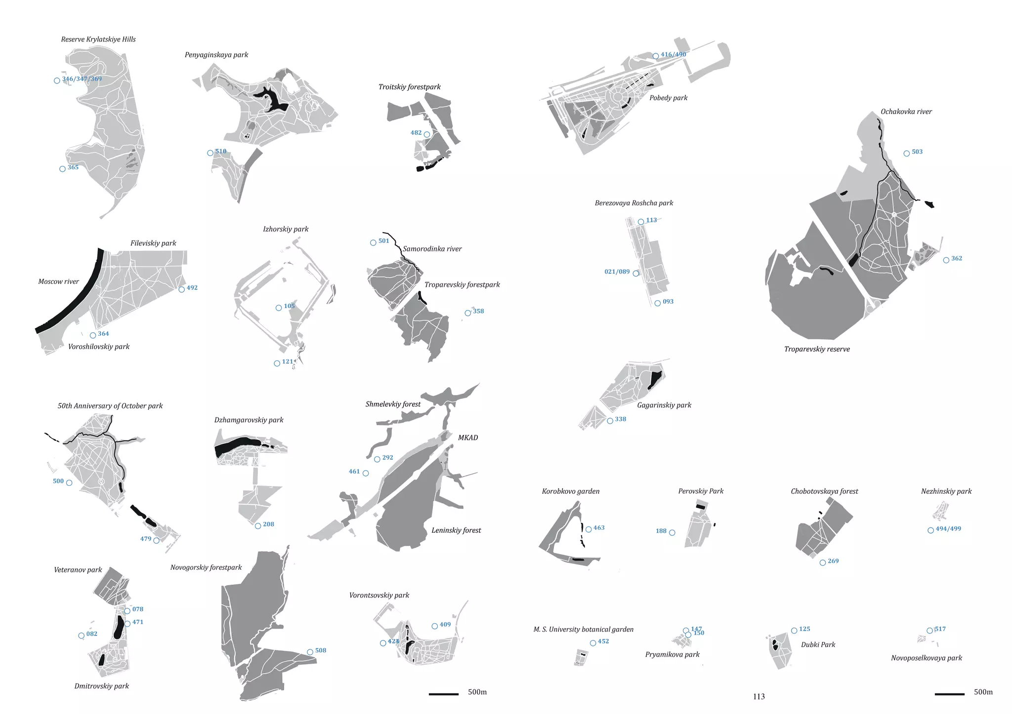 Reserve Krylatskiye Hills

Penyaginskaya park

416/490

346/347/369

Troitskiy forestpark
Pobedy park

Ochakovka river
482
510

503

365

Berezovaya Roshcha park
113

Izhorskiy park
501

Fileviskiy park

Samorodinka river
362
021/089

Moscow river

Troparevskiy forestpark

492

093

105

358

364

Voroshilovskiy park

Troparevskiy reserve
121

Shmelevkiy forest

50th Anniversary of October park

Gagarinskiy park

Dzhamgarovskiy park

338

MKAD
292
461
500

Korobkovo garden

208

Leninskiy forest

479

463

Chobotovskaya forest

Perovskiy Park

494/499

188

269

Novogorskiy forestpark

Veteranov park

Nezhinskiy park

Vorontsovskiy park
078
471

409

082

M. S. University botanical garden
452

424
423
508

Dmitrovskiy park

147
150

125

Dubki Park

Pryamikova park
500m

517

Novoposelkovaya park

113

500m

 