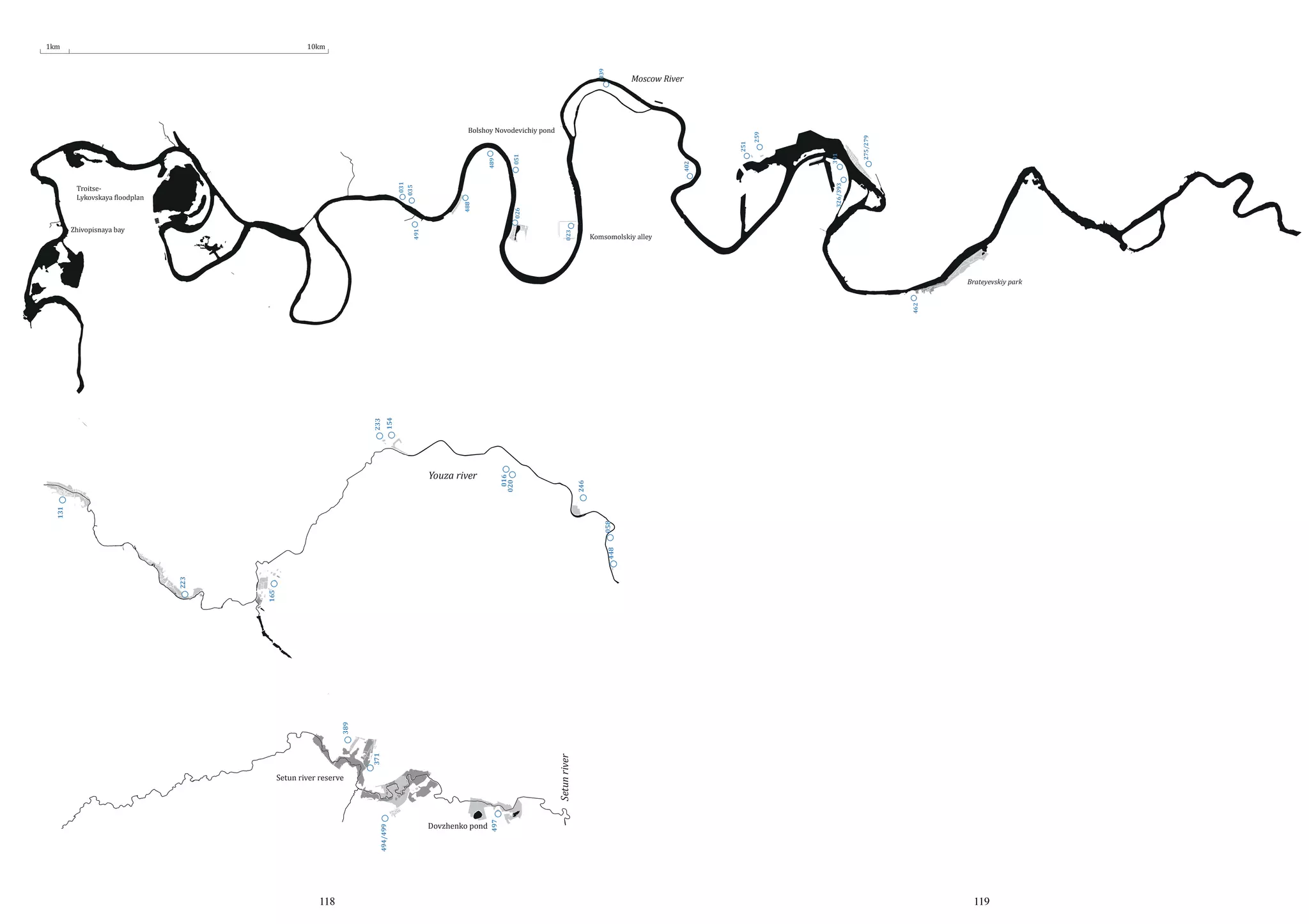 10km
039

326/393
026

488

Komsomolskiy alley

023

491

Zhivopisnaya bay

391

251
402

031
035

TroitseLykovskaya �loodplan

051

489

Bolshoy Novodevichiy pond

275/279

Moscow River

259

1km

154

016
020

Youza river

118

Setun river
Dovzhenko pond

497

494/499

Setun river reserve

371

389

165

223

448

058

131

246

233

462

Brateyevskiy park

119

 