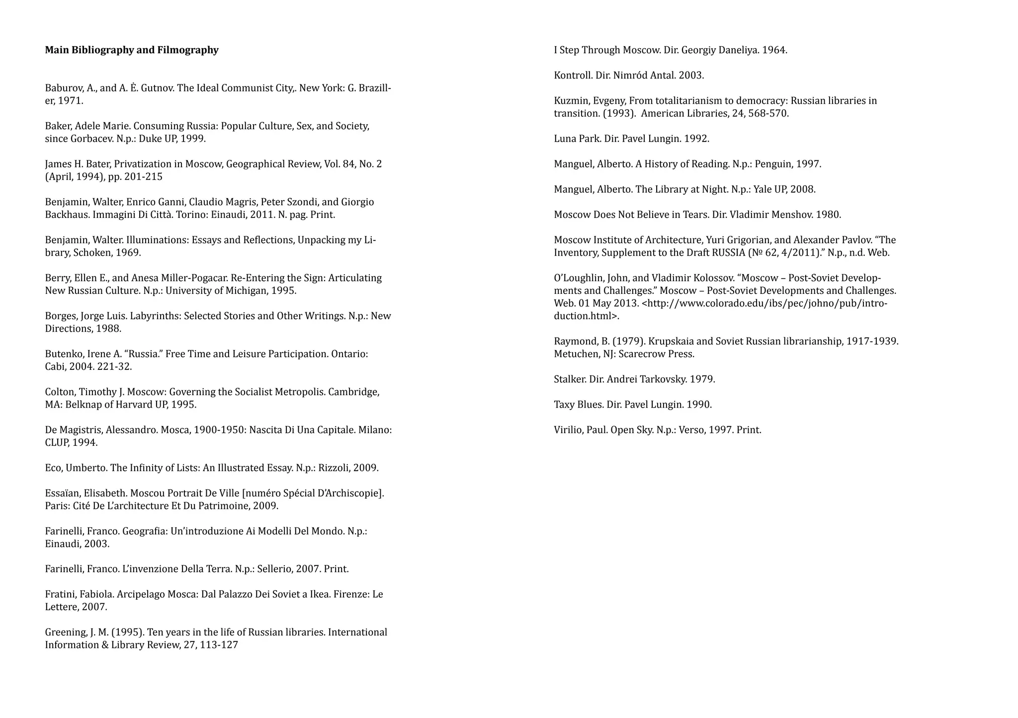Main Bibliography and Filmography
Baburov, A., and A. Ė. Gutnov. The Ideal Communist City,. New York: G. Braziller, 1971.
Baker, Adele Marie. Consuming Russia: Popular Culture, Sex, and Society,
since Gorbacev. N.p.: Duke UP, 1999.

James H. Bater, Privatization in Moscow, Geographical Review, Vol. 84, No. 2
(April, 1994), pp. 201-215
Benjamin, Walter, Enrico Ganni, Claudio Magris, Peter Szondi, and Giorgio
Backhaus. Immagini Di Città. Torino: Einaudi, 2011. N. pag. Print.

Benjamin, Walter. Illuminations: Essays and Reflections, Unpacking my Library, Schoken, 1969.

Berry, Ellen E., and Anesa Miller-Pogacar. Re-Entering the Sign: Articulating
New Russian Culture. N.p.: University of Michigan, 1995.

Borges, Jorge Luis. Labyrinths: Selected Stories and Other Writings. N.p.: New
Directions, 1988.
Butenko, Irene A. “Russia.” Free Time and Leisure Participation. Ontario:
Cabi, 2004. 221-32.

Colton, Timothy J. Moscow: Governing the Socialist Metropolis. Cambridge,
MA: Belknap of Harvard UP, 1995.

De Magistris, Alessandro. Mosca, 1900-1950: Nascita Di Una Capitale. Milano:
CLUP, 1994.
Eco, Umberto. The Infinity of Lists: An Illustrated Essay. N.p.: Rizzoli, 2009.

Essaïan, Elisabeth. Moscou Portrait De Ville [numéro Spécial D’Archiscopie].
Paris: Cité De L’architecture Et Du Patrimoine, 2009.
Farinelli, Franco. Geografia: Un’introduzione Ai Modelli Del Mondo. N.p.:
Einaudi, 2003.
Farinelli, Franco. L’invenzione Della Terra. N.p.: Sellerio, 2007. Print.

Fratini, Fabiola. Arcipelago Mosca: Dal Palazzo Dei Soviet a Ikea. Firenze: Le
Lettere, 2007.

Greening, J. M. (1995). Ten years in the life of Russian libraries. International
Information & Library Review, 27, 113-127

I Step Through Moscow. Dir. Georgiy Daneliya. 1964.
Kontroll. Dir. Nimród Antal. 2003.

Kuzmin, Evgeny, From totalitarianism to democracy: Russian libraries in
transition. (1993). American Libraries, 24, 568-570.
Luna Park. Dir. Pavel Lungin. 1992.

Manguel, Alberto. A History of Reading. N.p.: Penguin, 1997.
Manguel, Alberto. The Library at Night. N.p.: Yale UP, 2008.

Moscow Does Not Believe in Tears. Dir. Vladimir Menshov. 1980.

Moscow Institute of Architecture, Yuri Grigorian, and Alexander Pavlov. “The
Inventory, Supplement to the Draft RUSSIA (№ 62, 4/2011).” N.p., n.d. Web.

O’Loughlin, John, and Vladimir Kolossov. “Moscow – Post-Soviet Developments and Challenges.” Moscow – Post-Soviet Developments and Challenges.
Web. 01 May 2013. <http://www.colorado.edu/ibs/pec/johno/pub/introduction.html>.

Raymond, B. (1979). Krupskaia and Soviet Russian librarianship, 1917-1939.
Metuchen, NJ: Scarecrow Press.
Stalker. Dir. Andrei Tarkovsky. 1979.
Taxy Blues. Dir. Pavel Lungin. 1990.

Virilio, Paul. Open Sky. N.p.: Verso, 1997. Print.

 