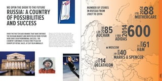 WE OPEN THE DOOR TO THE FUTURE 
RUSSIA: A COUNTRY 
OF POSSIBILITIES 
AND SUCCESS 
Moscow is one of the few cities in the world that, 
like New York, never sleep, and has always been the 
gateway to Russia for serious international business 
players. As the center of business activity in Russia, 
with a population of 12 mln people, Moscow opens 
the door to further regional expansion for successful 
brands. In 2013 alone, 30 large foreign companies have 
entered the Russian market, and 29 more have opened 
offices here during the first nine months of 2014. 
Many are focused on the «middle+» and «premium» 
segments, the target audience of MOSCOW MALL. 
OVER THE PAST DECADE BRANDS THAT HAVE ENTERED 
THE RUSSIAN MARKET AND INVESTED IN THEIR FUTURE 
HERE HAVE SEEN PHENOMENAL SUCCESS. THE 
COUNTRY CONTINUES TO HOLD FIRST PLACE IN 
EUROPE BY RETAIL SALES, AT $611 BLN ANNUALLY. 
MOSCOW 
MARKS  SPENCER 
MOTHERCARE 
AUCHAN 
29 
2007 
2007 
2007 
2009 
2007 
2007 
DECATHLON 
HM 
NUMBER OF STORES 
IN RUSSIA FROM 
2007 TO 2014 
180 
18 
1 
9 
3 
ADIDAS 
85 600 
88 
61 
40 
14 
2014 
2014 2014 
2014 
2014 
2014 
ППООЭЭТТААЖЖННЫЫЕЕ ППЛЛААННЫЫ THE DOOR 
TO THE FUTURE 
 