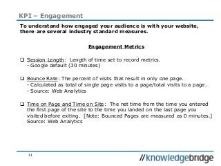 11
KPI – Engagement
To understand how engaged your audience is with your website,
there are several industry standard measures.
Engagement Metrics
 Session Length: Length of time set to record metrics.
- Google default (30 minutes)
 Bounce Rate: The percent of visits that result in only one page.
- Calculated as total of single page visits to a page/total visits to a page.
- Source: Web Analytics
 Time on Page and Time on Site: The net time from the time you entered
the first page of the site to the time you landed on the last page you
visited before exiting. [Note: Bounced Pages are measured as 0 minutes.]
Source: Web Analytics
 