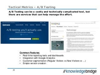 29
Tactical Metrics – A/B Testing
A/B Testing can be a costly and technically complicated tool, but
there are services that can help manage the effort.
Common Features:
• Real-time reporting tools and dashboards
• Integration with Google Analytics
• Customer segmentation (Regular Visitors vs New Visitors vs …)
• Simple version creation
 