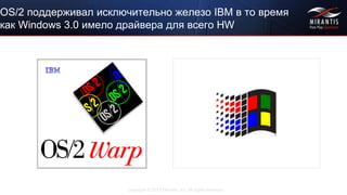 Copyright © 2015 Mirantis, Inc. All rights reserved
OS/2 поддерживал исключительно железо IBM в то время
как Windows 3.0 имело драйвера для всего HW
 