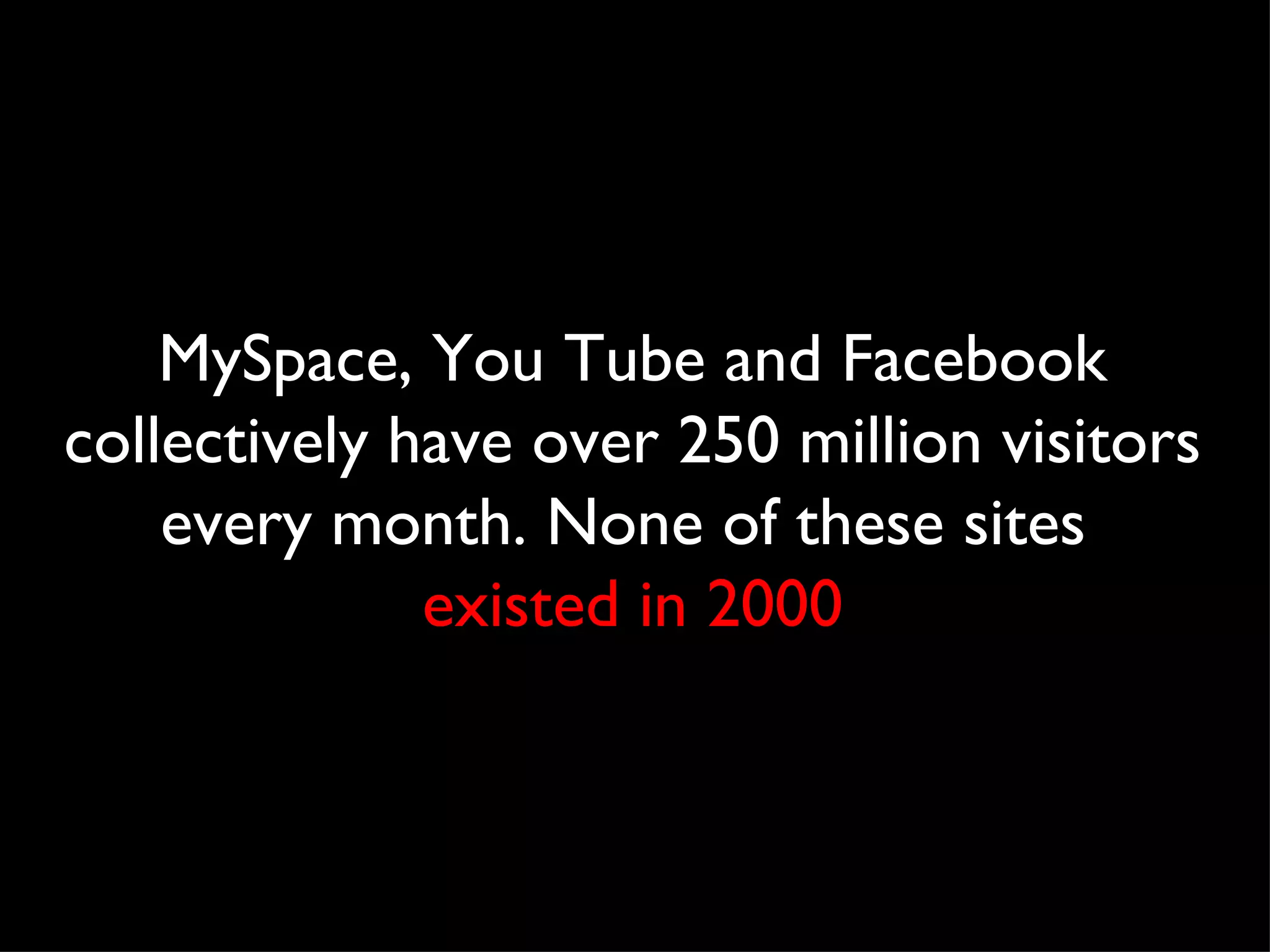 MySpace, You Tube and Facebook collectively have over 250 million visitors every month. None of these sites  existed in 2000 
